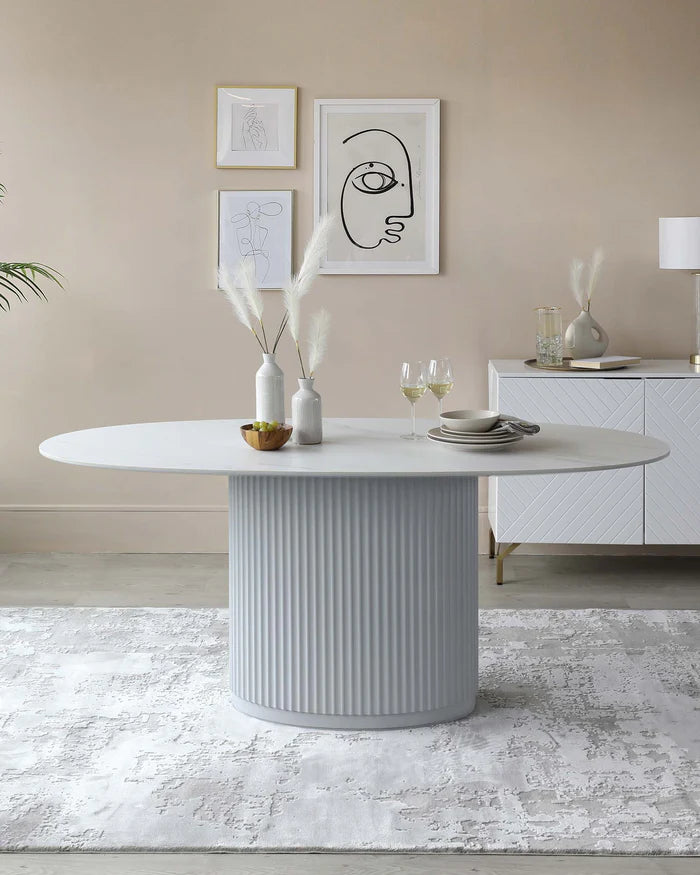 Austin White Marbled Ceramic Fluted 6 Seater Dining Table