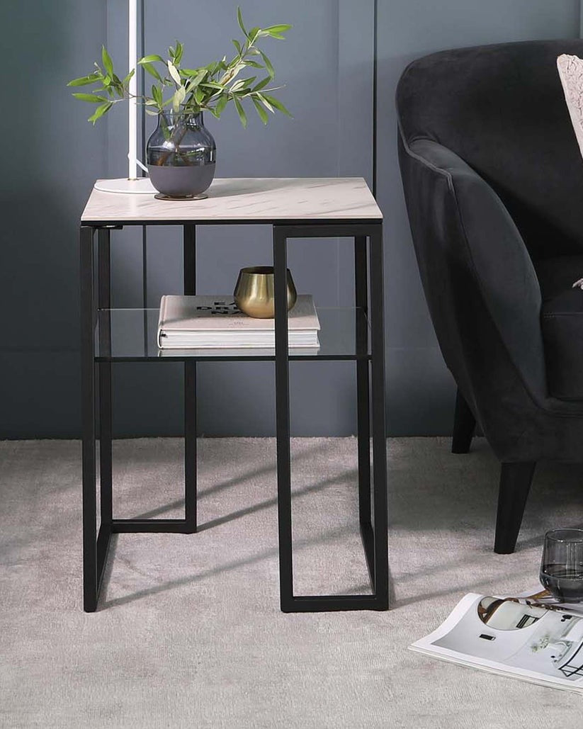 Georgia White Marbled Ceramic Side Table