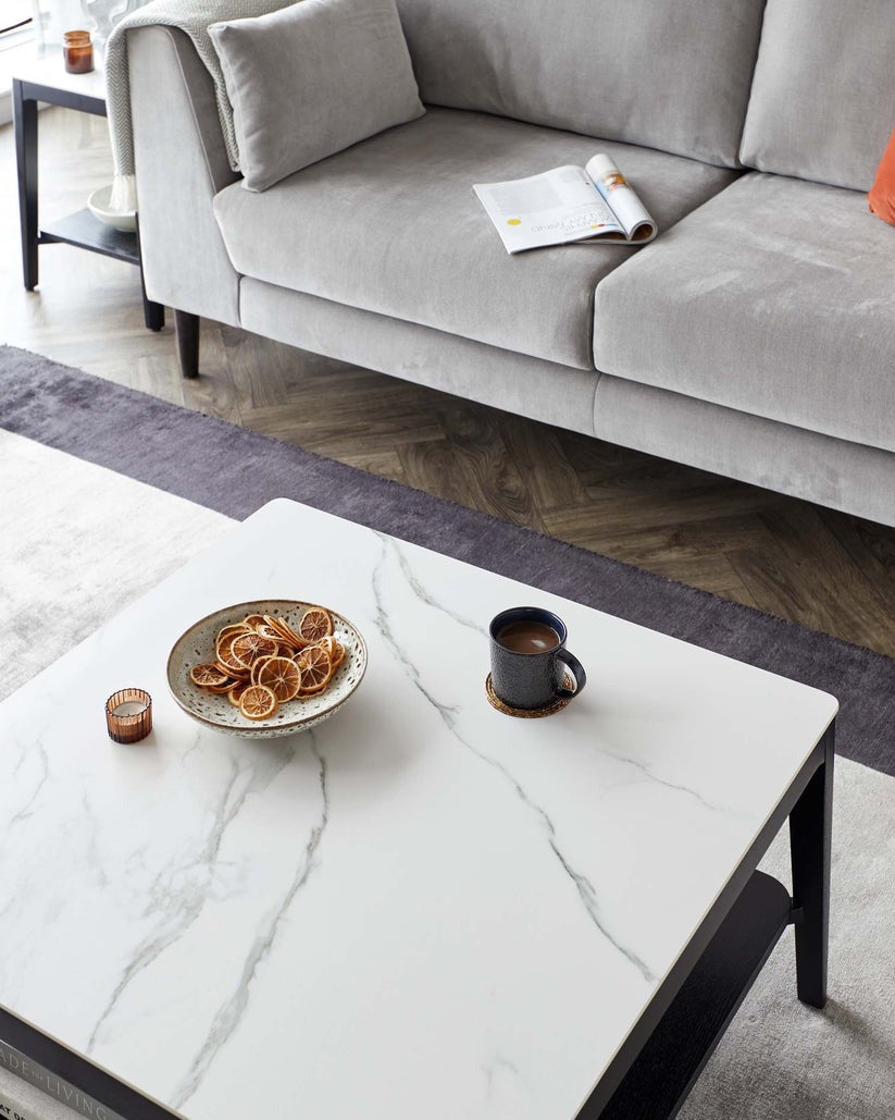 Banks White Marbled Ceramic With Black Wood Coffee Table