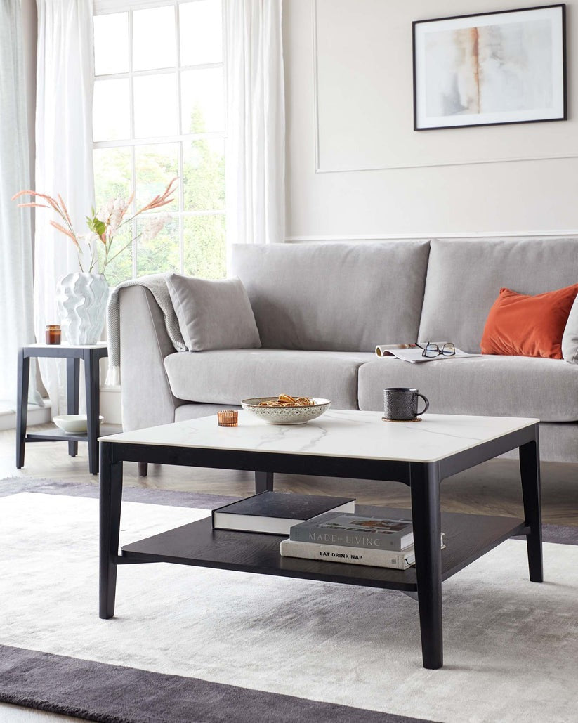 Banks White Marbled Ceramic With Black Wood Coffee Table