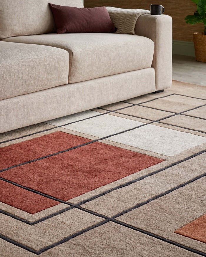 Abstract Squares Deep Red Wool Large Rug