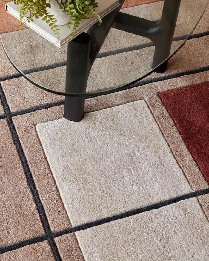 Abstract Squares Deep Red Wool Large Rug