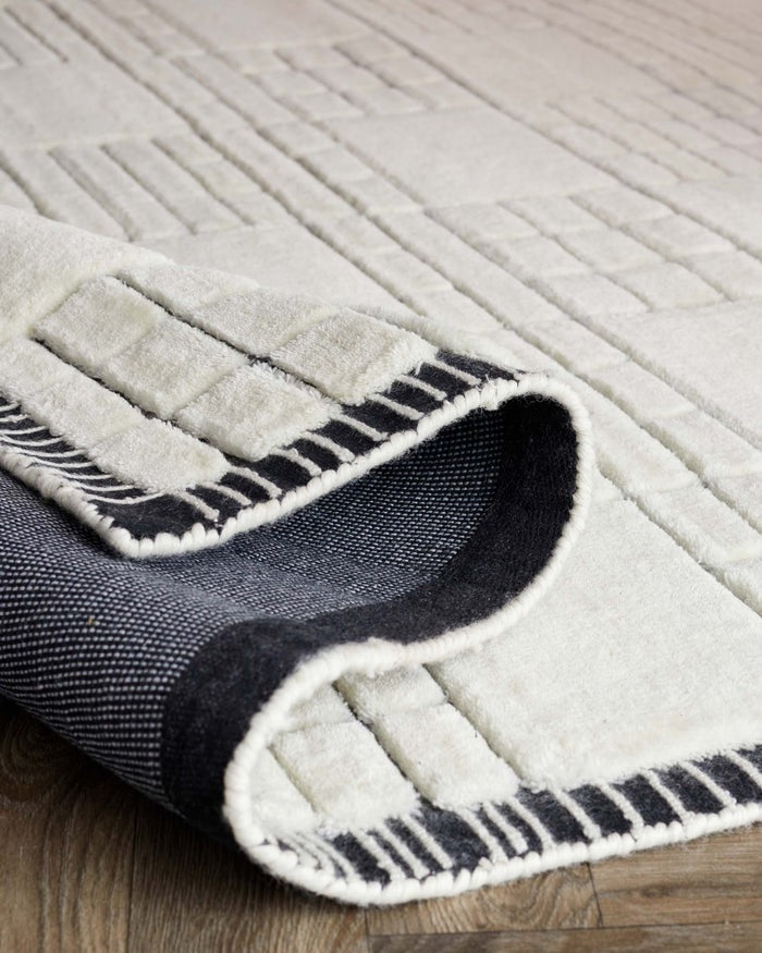 Mosaic Cream and Black Sculpted Wool Large Rug