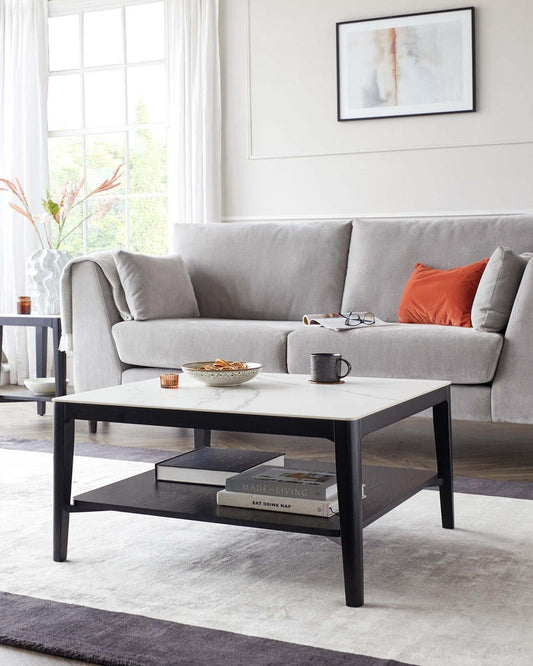 Banks White Marbled Ceramic With Black Wood Coffee Table