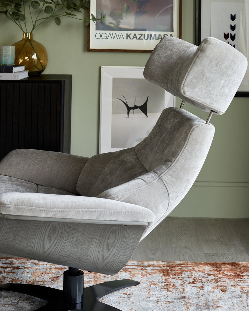 Karma Light Grey Fabric Swivel Recliner Accent Chair & Footstool