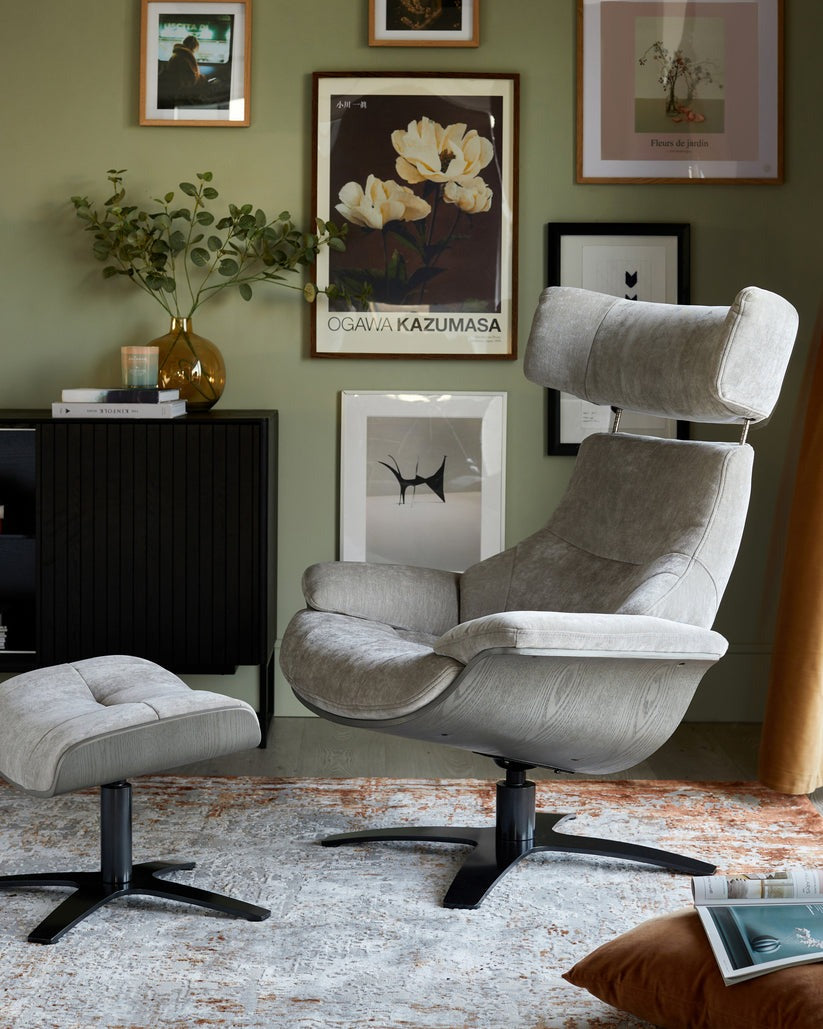 Karma Light Grey Fabric Swivel Recliner Accent Chair & Footstool