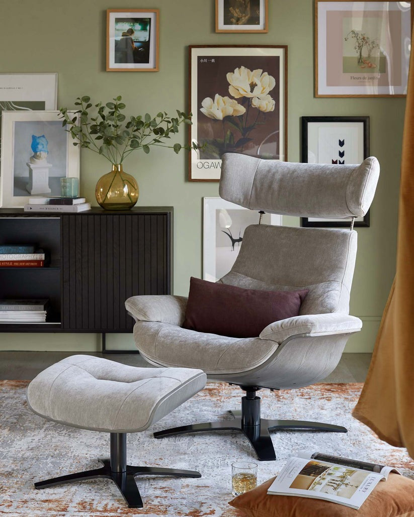 Karma Light Grey Fabric Swivel Recliner Accent Chair & Footstool