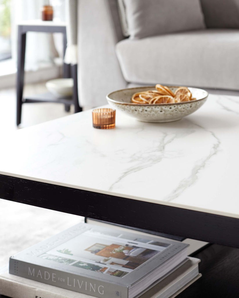 Banks White Marbled Ceramic With Black Wood Coffee Table