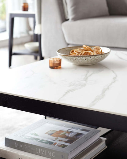 Banks White Marbled Ceramic With Black Wood Coffee Table
