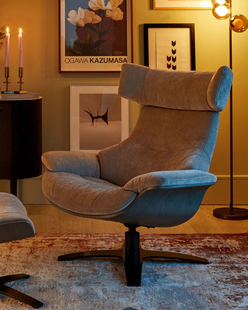 Karma Light Grey Fabric Swivel Recliner Accent Chair & Footstool
