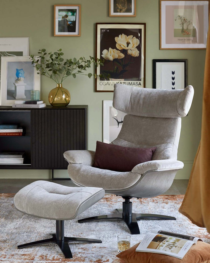 Karma Light Grey Fabric Swivel Recliner Accent Chair & Footstool