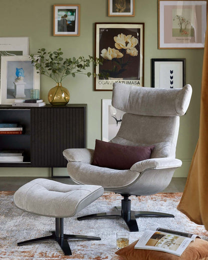 Karma Light Grey Fabric Swivel Recliner Accent Chair & Footstool