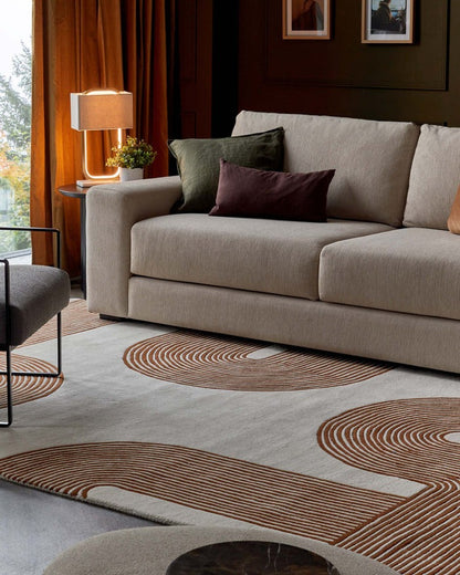 Abstract Lines Rust and Cream Wool Large Rug
