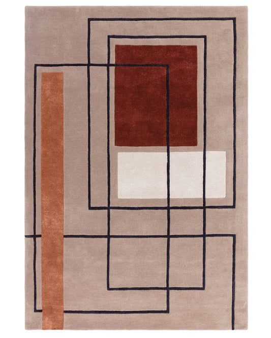 Abstract Squares Deep Red Wool Large Rug