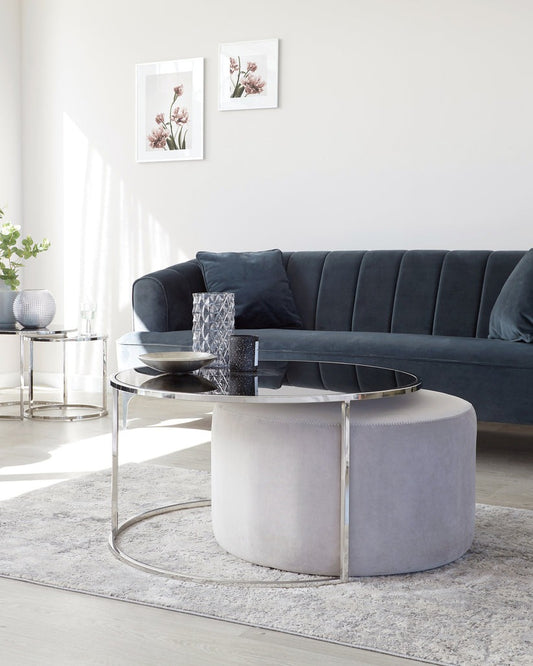 Thea Round Coffee Table And Light Grey Pouffe Set